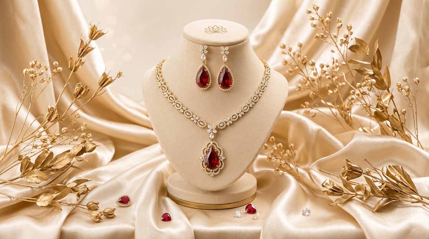 Ruby and gold-plated bridal necklace and earring set